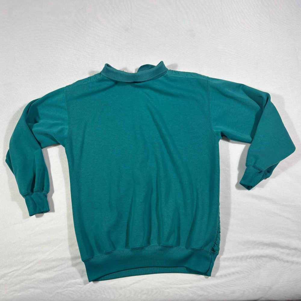 Vintage 80s Buckingham Quilted Collared Sweatshirt Womens M Teal Green Grandma - Picture 5 of 7